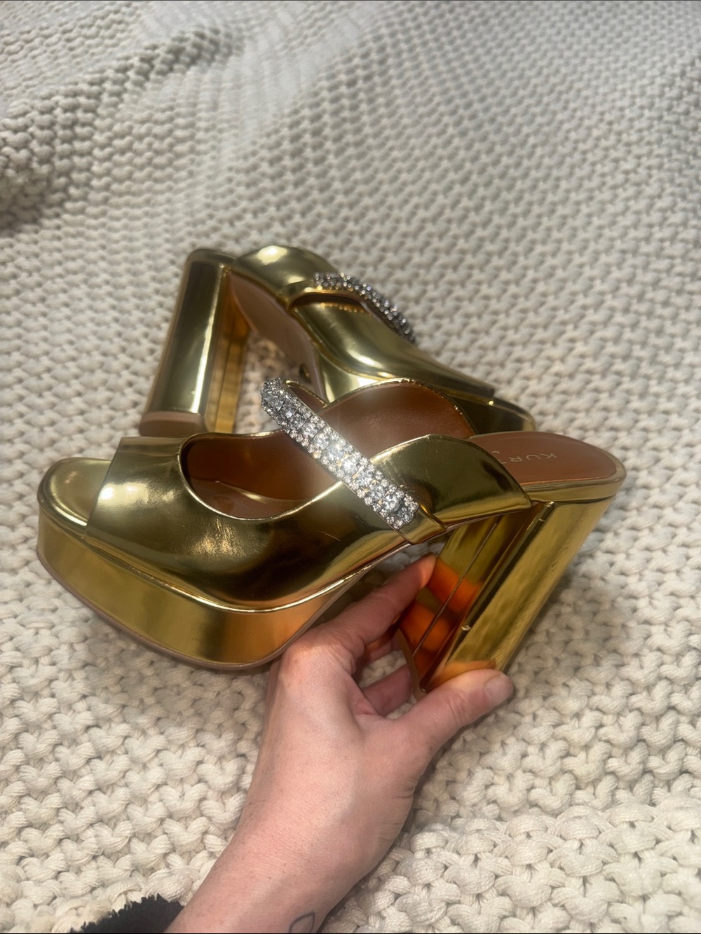 Kurt Geiger Gold Platform Slide Sandals with Crystal Strap